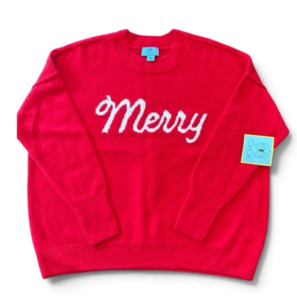 CeCe Women's Red Merry Script Crewneck Long-Sleeve Sweater Christmas Medium NWT